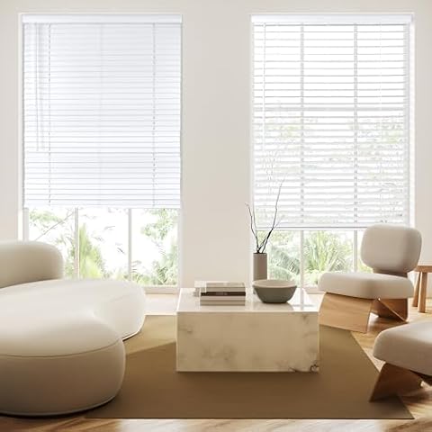Allesin Faux Wood Blinds 2inch Slat Cordless Design Room Darkening Blinds for Indoor Windows Easy to Install & Durable Horizontal Windows Blinds Inside/Outside Mount,33.5" W x 60" L,Pearl White Cover