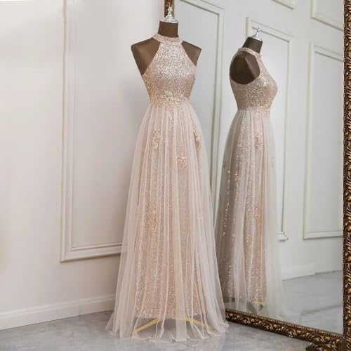 Halterneck Sequin Prom Dresses with Flower 2024 Sparkly Tulle Ball Gowns A Line Wedding Evening Party Dress3