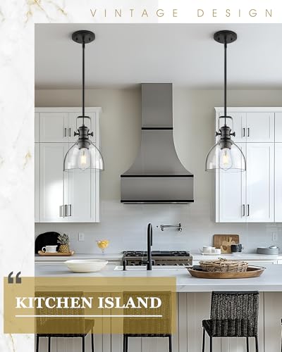 Image of 7.5 inch 2-Pack Black Pendant Lights Kitchen Island, Seeded Glass | Farmhouse Vintage Hanging Light for Dining Room, Clear Seeded Glass Shade, Adjustable Height Rod, E26 Base, AD-22151-1P2-BK-G
