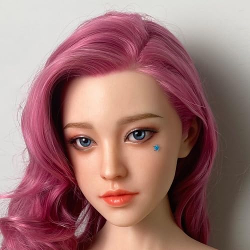 Solid Silicone Doll Head with Long Pink Hairs, Makeup Doll Head Connection Life-Size Doll Parts Accessories with Blue Eyeball, White Color