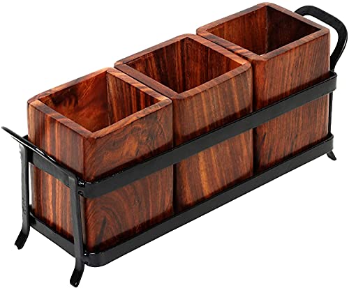 Image of Wooden and Iron Cutlery Holder, Cutlery Set For Dining Table, Spoon Stand For Kitchen, Utensils Holder For Kitchen, Multipurpose Organizer Stand (Set of 3) | Vervique Emporium Wooden Cutlery Holder with Removable Compartments