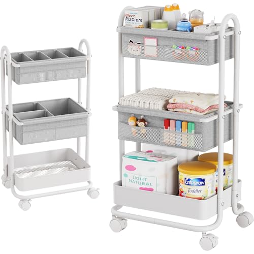 Image of Modanais Baby Diaper Caddy Organizer Cart - 3 Tier Rolling Storage Cart with Wheels, Baby Essentials for Nursery Storage, Detachable Dividers - for Crib, Bedroom, Art & Craft Organizer (Light Gray)