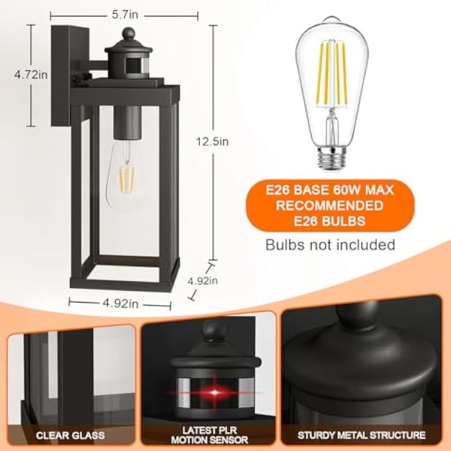 Large Size Outdoor Wall Light, 3 Lighting Modes Motion Sensor Porch Light, Dusk to Dawn Outdoor Lighting, Waterproof and Rustproof Design, Black Sensor Wall Light, 2 Pack for House/Patio/Garage