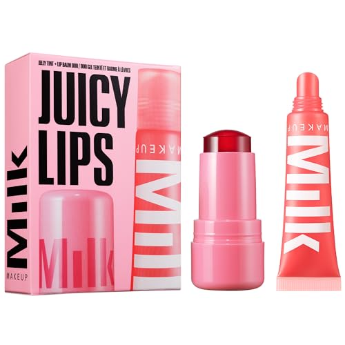 Milk Makeup Cooling Water Jelly Tint + Balmade Hydrating Lip Balm Set – Sheer Red Lip + Cheek Stain and Sheer Gloss with High-Shine Finish – Full Size Chill (Red) 0.17 oz + Werk Out (Dusty Rose) 0.4oz