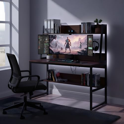 Image of Amazon Brand - Solimo Computer Desk with Hutch | Home Office Desk with Space-Saving Design & Bookshelf | Ideal for Small Spaces | TBS Tower - Asian Walnut | DIY Installation