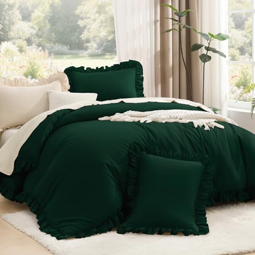 Image of Litanika Dark Emerald Green Full Comforter Set, 3 Pieces Boho Vintage Solid Forest Ruffle Bedding Set, All Season Lightweight Bed Set (79x90In Comforter & 2 Pillowcases)