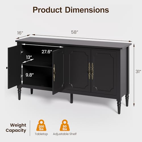 Image of FansaFurn 58'' Large Sideboard Buffet Cabinet with 4 Doors, Modern Credenza Buffet Table for Coffee Bar, Storage Cabinet for Dining Room Living Room, Black