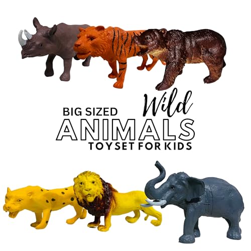 Image of ZESTHOME Big Wild Animal Toys Set for Kids | PVC Safari Figures - Lion, Tiger, Elephant, Leopard, Rhino & Hippo | 5-Inch Educational Jungle & Safari Playset | 6-Piece