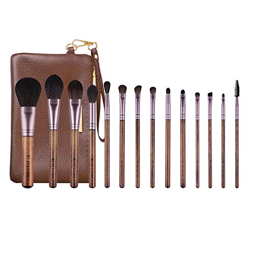 MyDestiny 14Pcs Makeup Brush Set Professional Beauty Brush for Foundation Powder Blush Eyeshadow Blending Cosmetic Kit Soft Goat Pony Hair Wooden Handle with PU Leather Travel Bag Brown