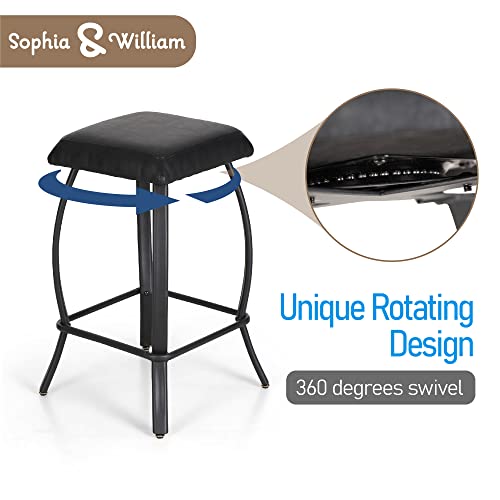 Sophia & William 26" Swivel Bar Stools Counter Height Square Bar Stools Set Of 2,Lantern Leg Backless Bar Stool With Footrest, Upholstered Swivel Leather Seat Counter Stools,300Lbs,Black #TOP4
