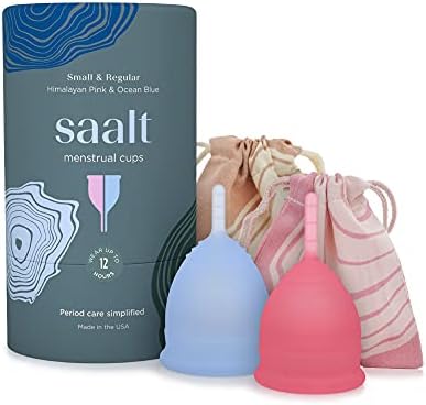 Saalt Menstrual Cup – Premium Design – Most Comfortable Period Cup – #1 Active Cup – Wear for 12 Hours – Soft, Flexible, Reusable Medical-Grade Silicone – Made in USA (Regular Blue & Small Pink)