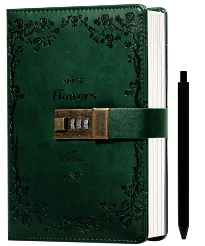 CAGIE Diary with Lock for Women Men, Refillable Lock Journal with Pen Vintage Embossed Design Lock Diary for Adults Kids, Combination Lock Notebook for Writing, Travel, 5.5 x 8 in, Green