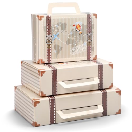 Weekgrat 6 Pcs Large Vintage Travel Suitcase Box Travel Party Decorations Paperboard Suitcases Gift Box Decorative Set of 3 Small Stackable Storage Chests Decor for Themed Party Favors(Journey,Beige)