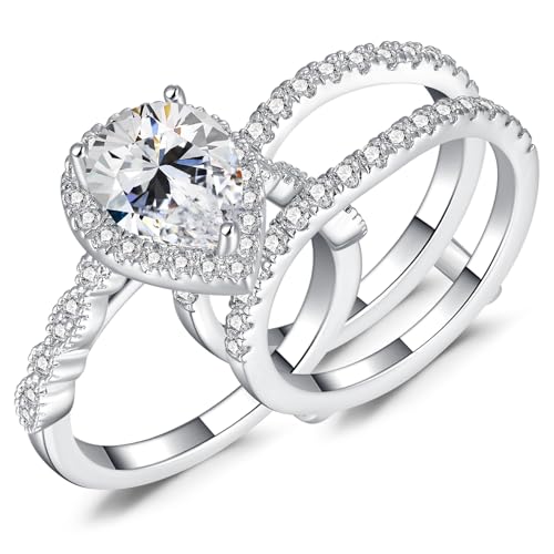 6CT Pear Shaped Engagement Ring, Bridal Promise Wedding 5A Cubic Zirconia 2-in-1 White Gold Plated Band Set for Women, Size 5-10