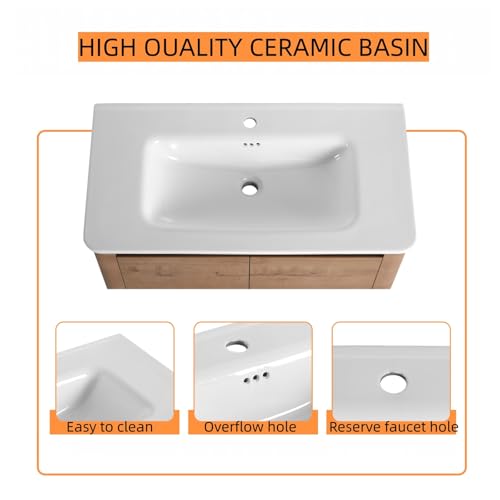 Image of 36 inch Bathroom Vanity with Ceramic Sink, Freestanding Bathroom Vanity with 2-Soft-Close Door, Soft-Closing Hinges & Hidden Handles for Home, Farmhouse, Easy to Clean Design, Imitative Oak
