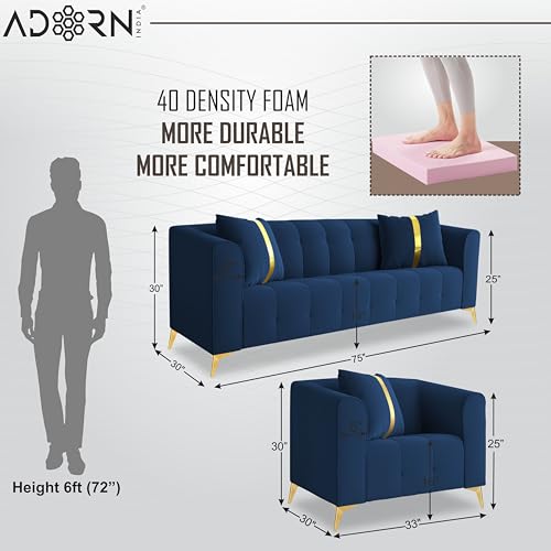 Image of Adorn India Premium Mystic - 3 Years Warranty - 3+1+1 Sofa Set Velvet Suede Fabric - Blue