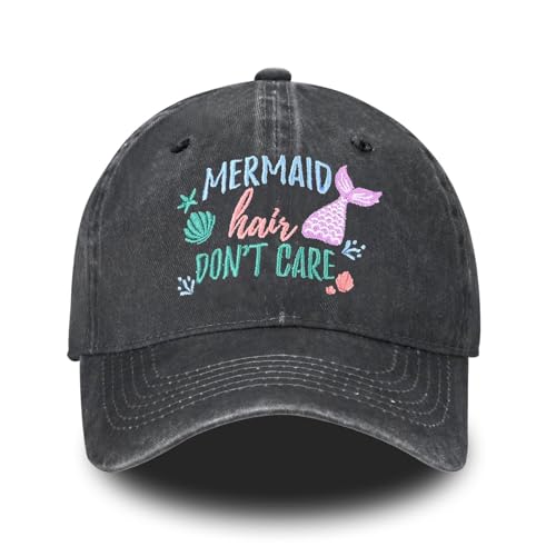 Mermaid Baseball Cap for Women Men Embroidery Adjustable Washed Distressed Hat