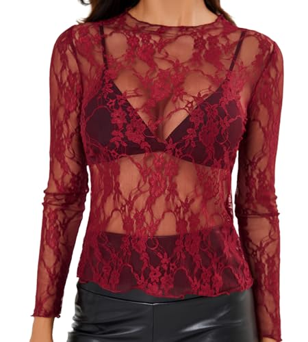 Enyprok Women's Mesh Top Long Sleeve Mock Neck Sheer Blouse See Through Floral Lace Tops Wine Red Medium