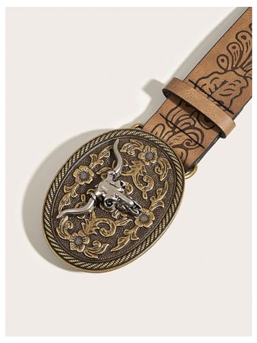 GORGLITTER Women's Embossed Buckle Cowgirl Cowboy Belt Vintage Pattern Leather Country Rodeo Western Belts4