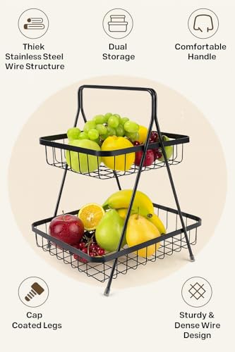 Image of 2-Tier Fruit Basket for Kitchen Counter - Large Capacity Detachable Black Metal Wire Bowl Produce Stand for Vegetable Storage & Home Decor