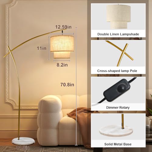 Image of Lightdot Arc Floor Lamp for Living Room, Modern Standing Tall Lamps with Double Linen Shade, Tall Hanging Pole Lamp with Stable Base & Bulb Included for Bedroom /Sofa Beside /Corner Decor-Gold