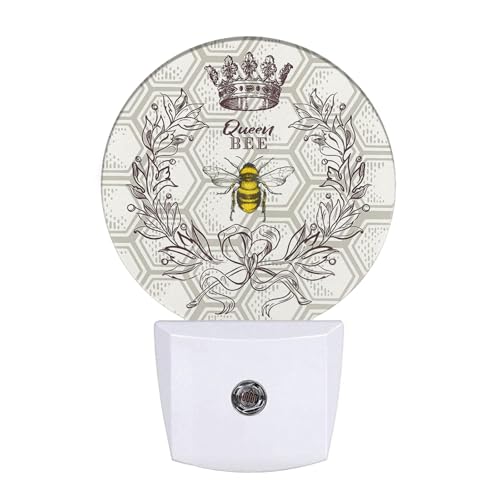 Image of EKOBLA Queen Bee Night Light, Bee Theme Round Night Lights Plug Into Wall with Auto Sensor, Dusk to Dawn Lighting for Bedroom, Hallway and Kitchen