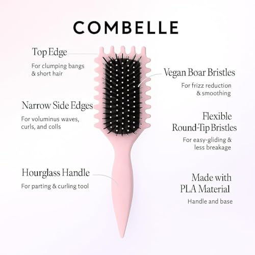Image of Combelle 5-in-1 Curl Hair Brush, Vegan Boar Bristles, Bio-Baked PLA Handle, Detangling and Frizz Control for Curly Hair (Pink)