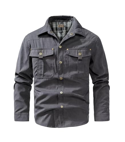 Image of FTIMILD Men's Flannel Lined Shirt Jacket Rugged Snap Button Shacket Cowboy Western Style Long Sleeve Outdoor Fall Jacket