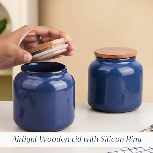 Image of The Earth Store Galaxy Blue Handcrafted Ceramic Jar Set of 2, 550 ML | Wooden Air Tight Lid Jars for Pickles /Achar, Chutney, Sauces, Salt, Candy and Spices | Ceramic Jar for Kitchen, Gifting