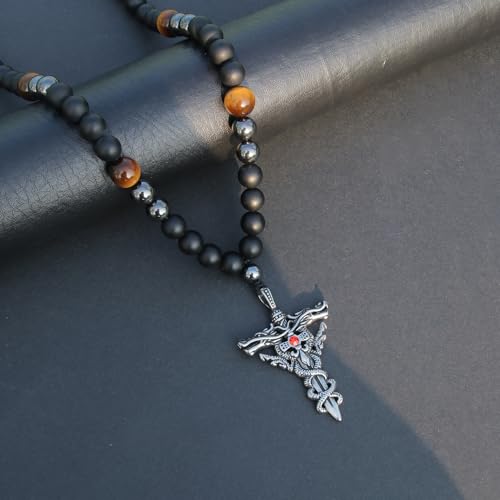 Triple Protection Healing Crystal Beads Necklace, Black Obsidian Tiger Eye and Hematite Beads Jewelry Christmas Gifts for Him3