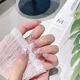 QRZLP Uñas postizas francesas con diseño de ojo de gato, tamaño mediano, con perla, flor y mariposa, para mujer (B, mediana)