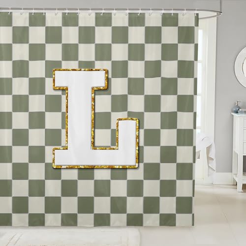 Image of Erosebridal Sage Green Checkered Bathroom Curtain Plaid Initial L Shower Curtain 72 inch Wx78 L Personalized Monogram Bathroom Accessories for Kids Adults,Fashion Grids Gingham Shower Decor