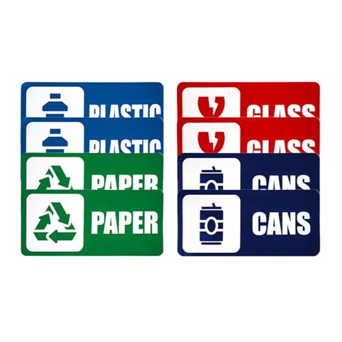 Pegatinas recicladas, 8 unidades, resistentes a la decoloración, autoadhesivas, señales de reciclaje | Pegatinas de separación de residuos – para áreas públicas, patios de residuos, hogar, oficina