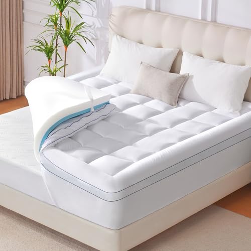 Twin Memory Foam Mattress Topper, 4 Inch Dual Layer Mattress Pad with Pillow Top Mattress Topper Twin Size Bed Cover, Support for Back Pain (White)