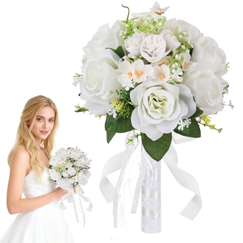 Qeedy Wedding Bouquet for Bride 8 Inch Artificial Silk Roses Realistic Bridal & Bridesmaid Bouquet for Ceremony Church Anniversary and Home Dcor (White)