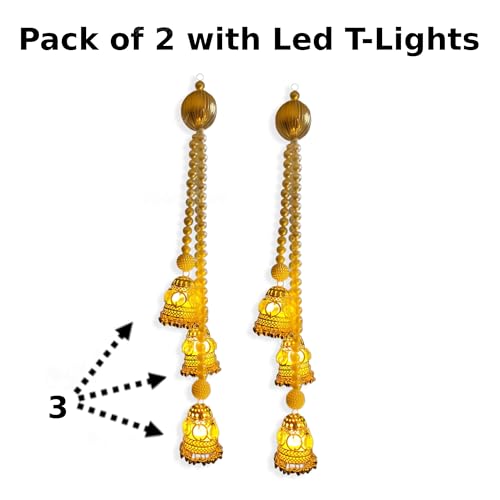 Image of Divyakosh Wall Hangings For Home Decoration, Set Of 2 Diwali Lights, Handmade Diwali Decoration Wall Hangings, Door Valance Hanging With LED T-Lights For Wedding Decor,Beads,Gold, 12 Inches