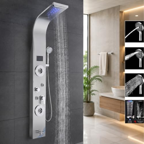 Image of ZeeCry 7 in 1 Full Set Stainless Steel 304 Shower Panel for Bathroom with Hand Shower /Showerhead /Body Massage Jets /Shower System with Hot & Cold Mixer (3 function hand shower) (Chrome)