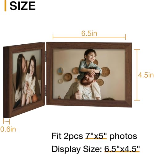 decorUhome Double 7x5 Picture Frame Horizontal, Engineered Wood Bifold Photo Frame with Plexiglass for Tabletop Display, 7x5, Brown by decorUhome - Used condition - Image 4