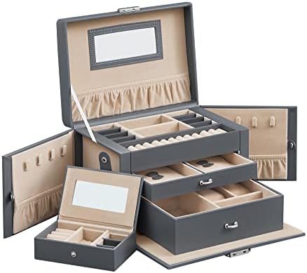 SONGMICS Jewelry Box 3 Layers, Jewelry Organizer with 2 Drawers, Jewelry Case with Portable Travel Case, with Handle, Lockable, Jewelry Storage, Gift for Loved ones, Gray UJBC121G01