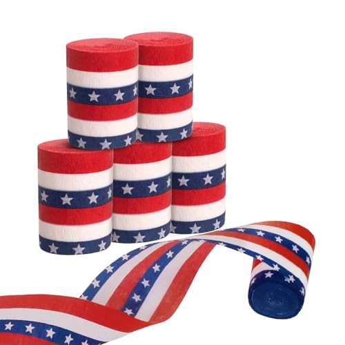 PIGETALE 4th of July Crepe Paper Streamers 6pcs 197ft Patriotic Red White and Blue Crepe Paper Rolls for Independence Day Veterans Day US 250th Anniversary Memorial Day USA Theme Party Decorations