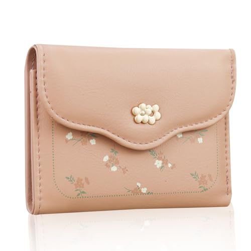 Andiker Trifold Small Women Wallet, Coin Purse with 1 ID Window and 1 Zipper Pocket, Leather Delicate Floral Wallet (Pink)
