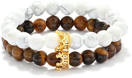 POSHFEEL 8mm Natural Stone CZ Micro Pave Crown King Queen Beads His and Hers Couple Bracelet, 7.5" (Brown&White-3)