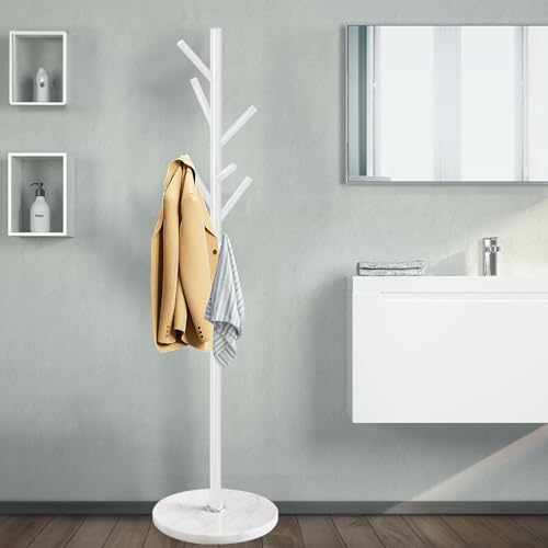 OIRUMIE Coat Rack with Natural Marble Base, Metal Coat Racks Freestanding, Modern Coat Rack Stand with 8 Hooks, White Coat Tree Hats Hanger for Entryway, Hallway
