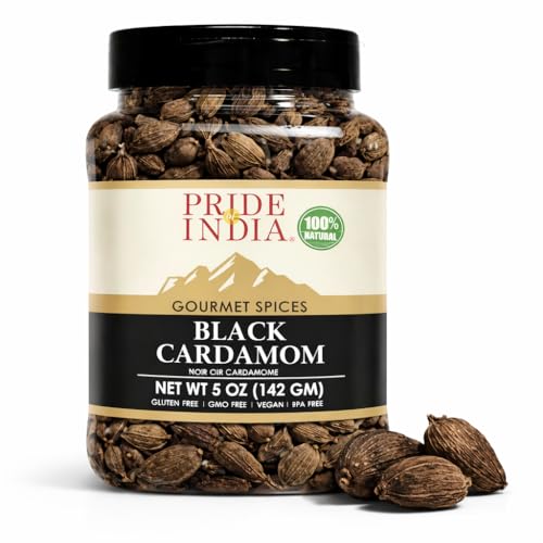 Pride of India – Black Cardamom Whole 5 oz (142 gm) – Cardamom Pods – Firm & Smoky Flavor – Freshly Dried – Ideal for Indian & Asian Cooking – Easy to Use – Medium Dual Sifter Bottle