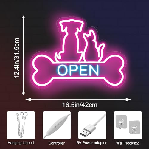 Image of Pet Shop Open Neon Sign Cute Dog And Cat Open LED Light | Bright Pet Grooming Salon Light Animal Shelter Storefront Decor Vet Clinic Window Decor, Pink+Ice Blue, 16.5 inchx12.4 inch
