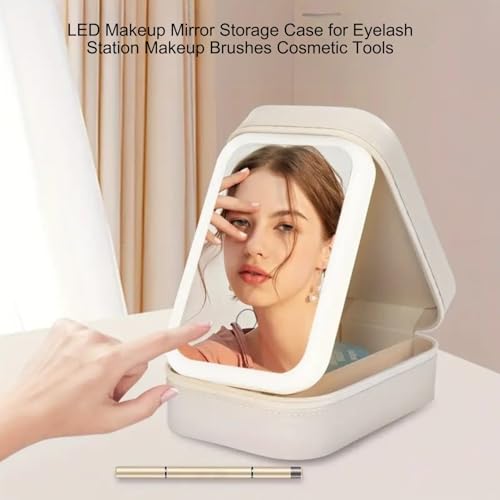 Image of LED Makeup Box with Adjustable Light-Up Mirror, 3 Color Light Settings, Dust-Proof Cosmetic Case, Jewelry Organizer and Multi-Compartment Storage Box for Women (White)