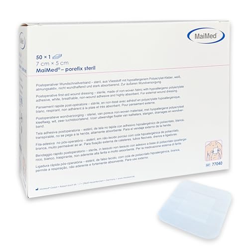 MaiMed Porefix Cerotti medicazione sterili 7x5 cm - Compresse non adesive 4x3 cm - 50 pezzi - Bende sterili sensibili - Medicazione per ferite acute e post-operatorie