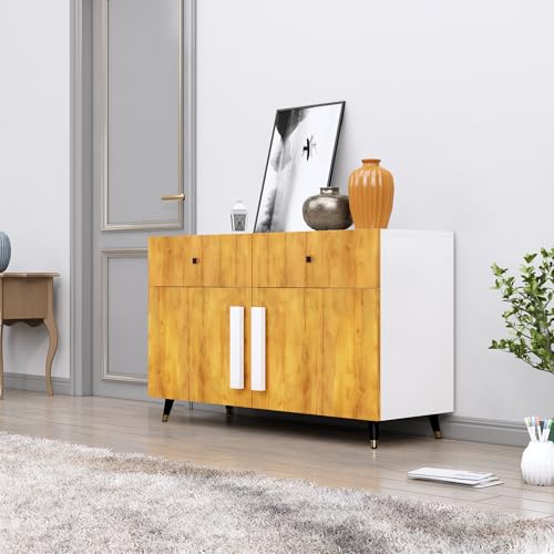 Image of Bniture Storage Cabinet Wooden for Living Room Sideboard with 2 Drawer and 2 Door | Storage Organizer Chest of Drawer Cabinet for Home Hallway Drawing Room Bedroom Kitchen | Frosty White & Giant Wood