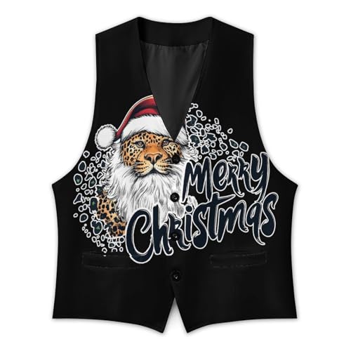 Leopard Santa Merry Christmas Casual Suit Vest for Men Formal Business Dress Regular Fit Waistcoat Tuxedo2