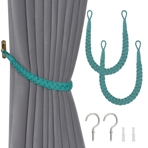 Image of Pretty Jolly 2 Pack Natural Cotton Rope Curtain Tiebacks Elegant Boho Style Decorative Drape Tie Backs Soft Hand-Woven Rope Curtain Holdbacks with Metal Hook for Home & Office Drapery (Teal)